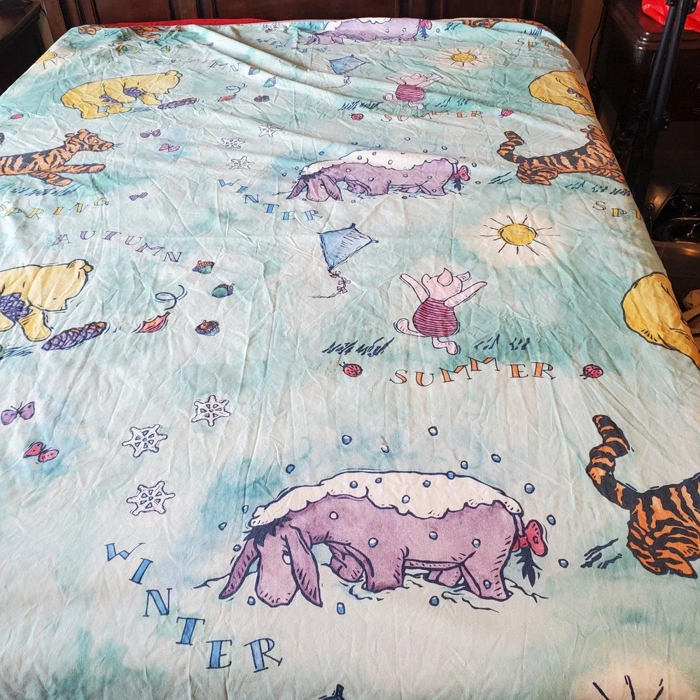 Vintage Disney Winnie the Pooh Four Seasons Twin Flat Sheet Made in USA Blue